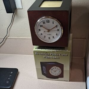 Elegant Brown Revolving Photo Cube with Clock